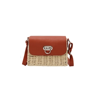 Sac bandoulière vintage en paille avec rabat en cuir orange et fermoir rond argenté