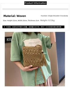 Détail du sac bandoulière tissé main avec motifs floraux, franges et dimensions