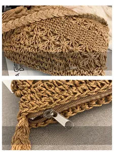 Gros plan détaillé du sac en paille tressée avec motifs ajourés et fermeture éclair en métal
