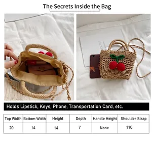 Handmade woven cherry straw bag with white inner pouch and drawstring for beach vacations