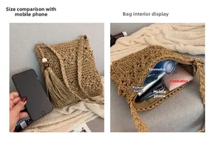 Détail de la capacité d'un sac bandoulière tissé pour téléphone et maquillage