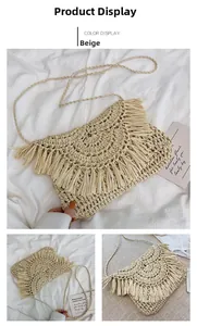 Detail view of beige woven straw shoulder bag with fringe tassels and bohemian texture