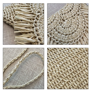 Detail of handmade straw beach bag with tassels and circular weave texture