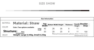 Size chart for woven straw bags showing dimensions for large and small tote bag options