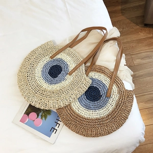 Sac Tissé En Paille Rond Bohème Été Plage Tote Sac À Épaule Avec Bandoulière En Similicuir Motif Mauvais Œil Pour Femmes