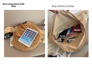 Detail view of woven straw tote bag interior showing capacity for iPad and phone