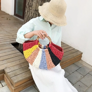Large capacity woven straw handbag with colorful rainbow stripes for beach vacation