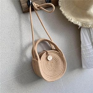 Handmade Round Woven Crossbody Bag With Cotton Rope And Wooden Button Bohemian Vacation Beach Shoulder Purse For Women