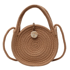 Round handmade straw woven crossbody bag with wooden button and tree pattern for women