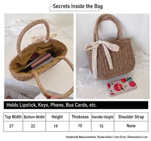 Handwoven straw beach bag with white lace bow detail and internal size specifications