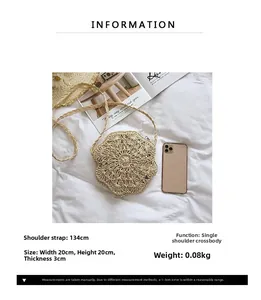 Handwoven flower straw bag details with dimensions 20cm x 20cm and long strap specs