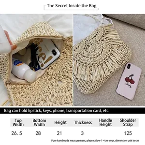 Summer straw woven shoulder bag with tassels and size chart dimensions displayed