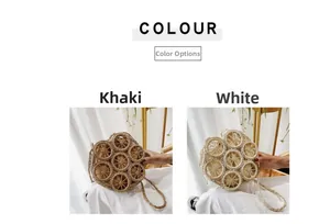 Dettaglio di borse tonde in paglia intrecciata in kaki e bianco con motivi floreali