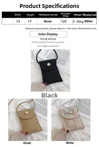 Detailed size chart and multi-color display of woven cotton thread mini crossbody bags