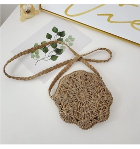 Detail of hand-woven hollow bag featuring radial flower patterns and long woven strap