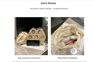 Dettaglio della borsa rotonda in paglia intrecciata con fodera e spazio per oggetti quotidiani