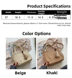 Detail of woven summer bags in beige and khaki showing texture and dimensions