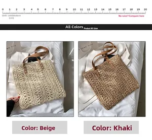 Close-up of handmade straw tote bags in beige and khaki with leather handles
