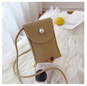 Woven Phone Crossbody Bag Handmade Cotton Linen Straw With Imitation Artificial Pearl Buckle Bohemian Vacation Style For Women