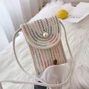 Bohemian handwoven cotton phone bag with multi-color patterns and pearl button closure