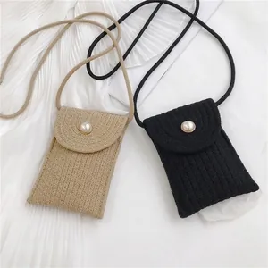 Knitted crossbody phone bag with pearl buckle in black and khaki woven cotton