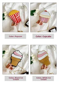 Detail view of popcorn, cupcake, and ice cream shaped crossbody bags with gold chains
