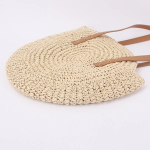Summer round straw woven handbag for women with brown faux leather shoulder straps