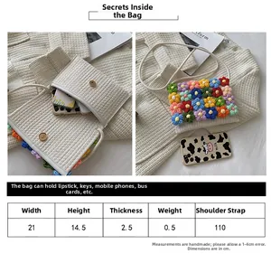Size chart for handmade floral crochet crossbody bag showing dimensions and storage capacity