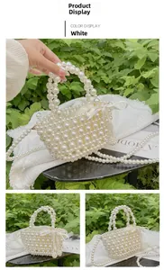 Détail d'un sac à main en perles blanches avec nœud en soie et doublure à cordon