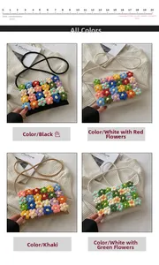 Detail showing four colors of handmade floral woven bags with cotton crochet textures