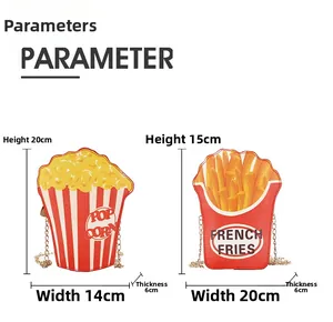 Size parameter view of creative popcorn and french fries shaped chain shoulder bags