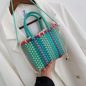 Dames Veelkleurig Geweven Schoudertas PVC Schaakbord Tote Met Trekkoord Binnentas Mode Draagbare Crossbody Handtas Voor Zomervakantie