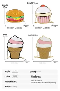 Size chart showing creative burger and ice cream bag dimensions with PU material details