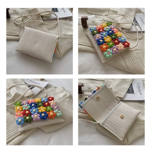 Detail shots of floral crochet mini bag showing 3D knit flowers and magnetic clasp