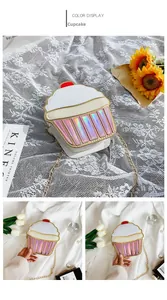 Macro shot of cupcake-shaped crossbody bag with pink laser stripes and gold chain strap