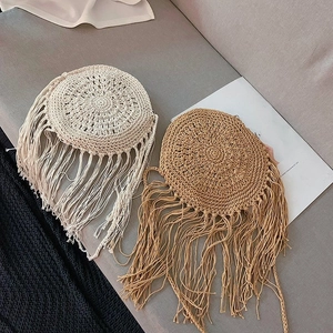 Round Woven Crossbody Bag Handcrafted Cotton Rope Crochet Long Tassels Bohemian Summer Beach Fringe Shoulder Bag
