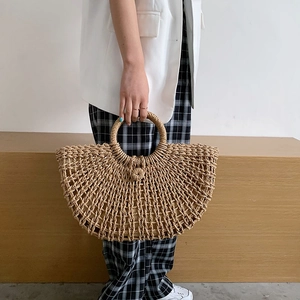 Straw Woven Handbag Large Capacity Hollow Out Round Handle Summer Beach Vacation Half Moon Bag For Women