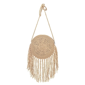 Handmade bohemian round woven straw bag with tassels and shoulder strap in khaki color