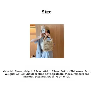 Detail showing dimensions of 23x22x2cm for this beige rose pattern woven straw bag