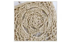 Detailed close-up of handmade straw bag featuring a hollow rose weaving pattern in beige