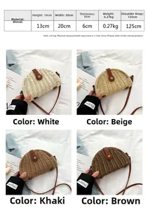 Size chart showing 20x13x6cm dimensions for the woven straw shoulder bag with strap details