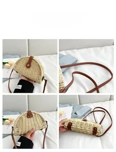 Detail view of handmade woven beach bag with premium brown leather straps and vintage buckles