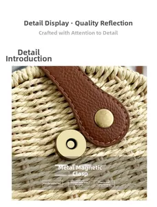 Macro view of hand-woven straw beach bag featuring brown leather and gold magnetic buckle