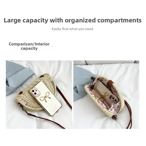 Detail of handmade straw crossbody bag with floral lining and spacious interior storage