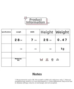 Detailed size chart for mushroom crossbody bag showing dimensions 28x25x7cm in PU material