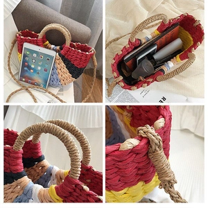 Detailed views of multi-color woven straw bag showing large capacity for iPad and books