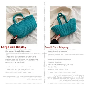 Size comparison chart for candy-colored woven cotton rope tote bags in large and small