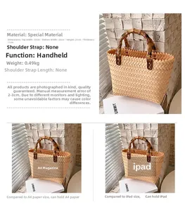 Detail view of woven straw tote bag with bamboo handles and specific dimensions