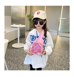Pink PVC crossbody bag for kids featuring colorful sequins and sweet transparent pocket