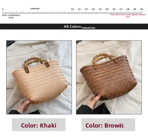 Detailed view of woven straw tote bags with bamboo handles and size scale indicator